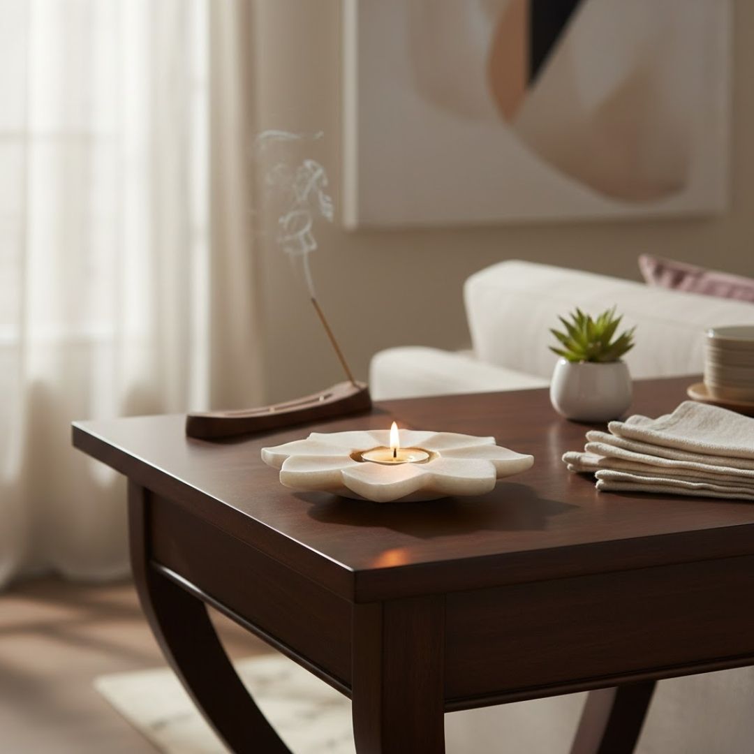 Natural White Marble Tea light diya with brass diya